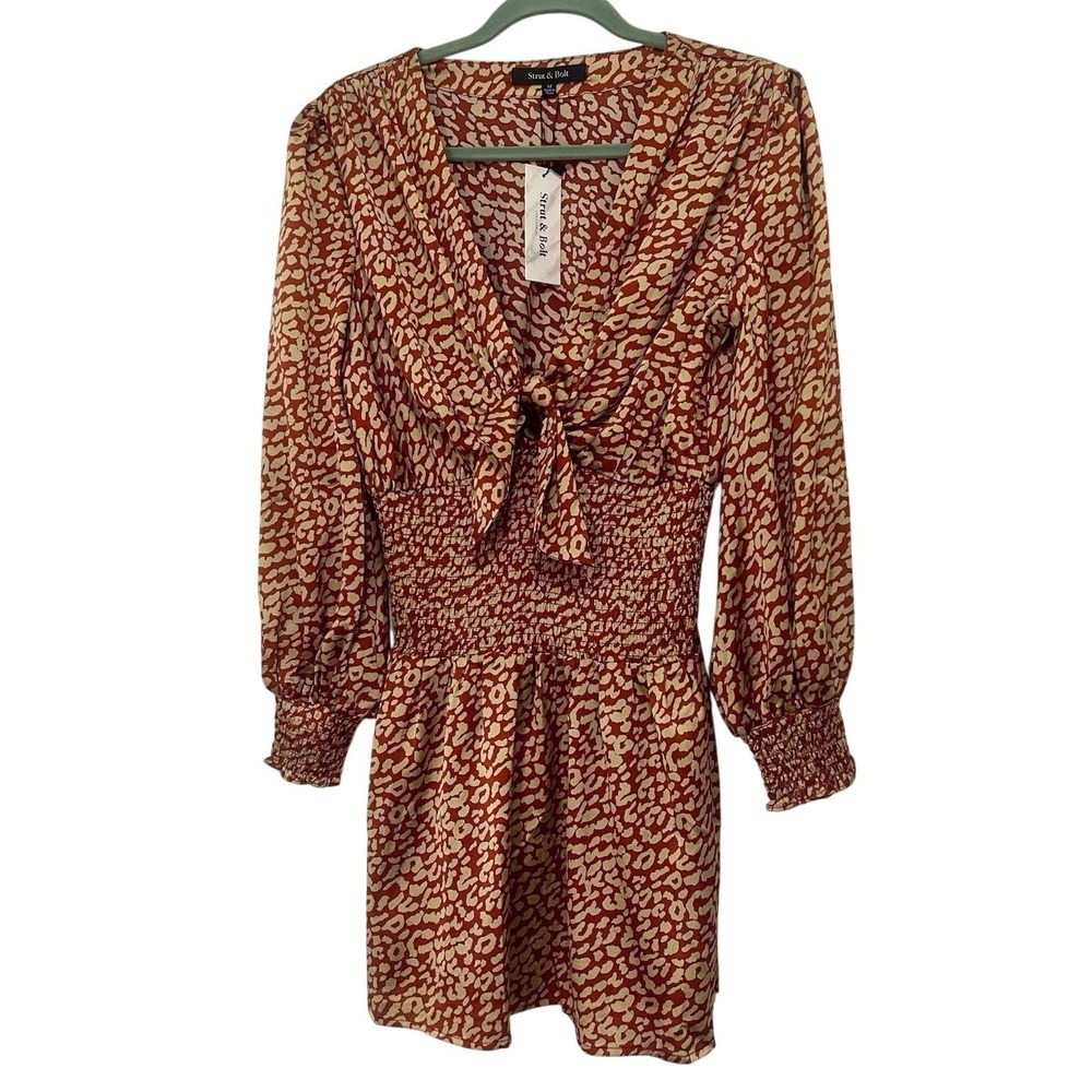 Strut & Bolt‎ Berry Taupe Leopard Print Smocked Mini Dress Medium NWT Boho Party